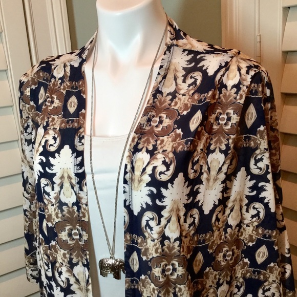 Navy Mesh Scroll Print Kimono Cardigan - Picture 2 of 8